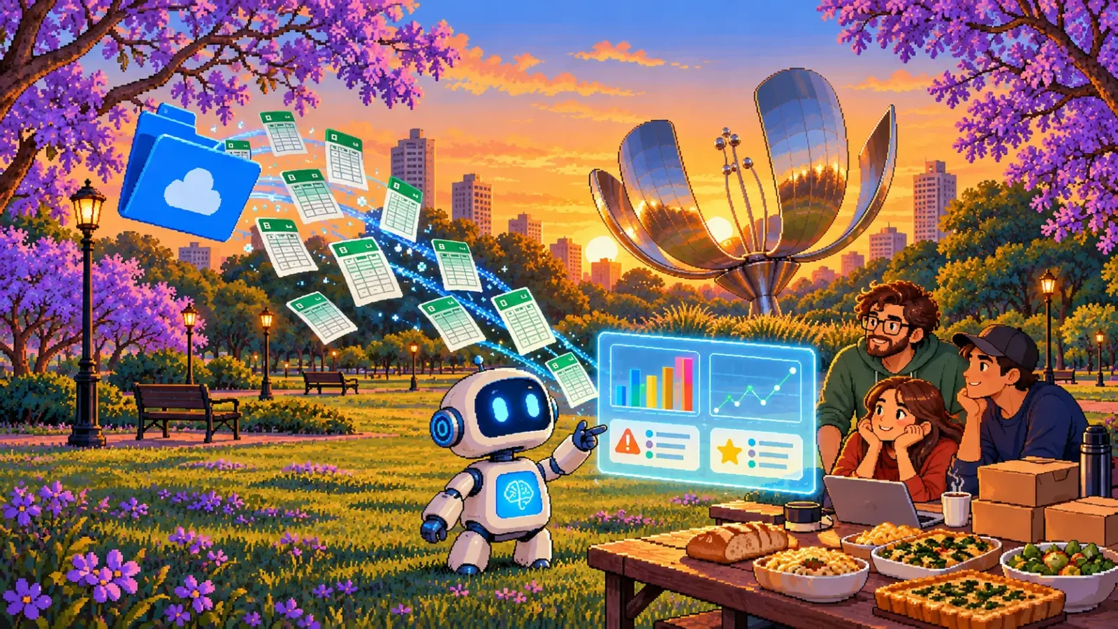 Ilustración en pixel art de un robot de IA en una plaza de Buenos Aires con la Floralis al atardecer, que convierte planillas de Excel de una carpeta en la nube en una tabla con gráficos y alertas, mientras un equipo mira con una mesa de alimentos al lado