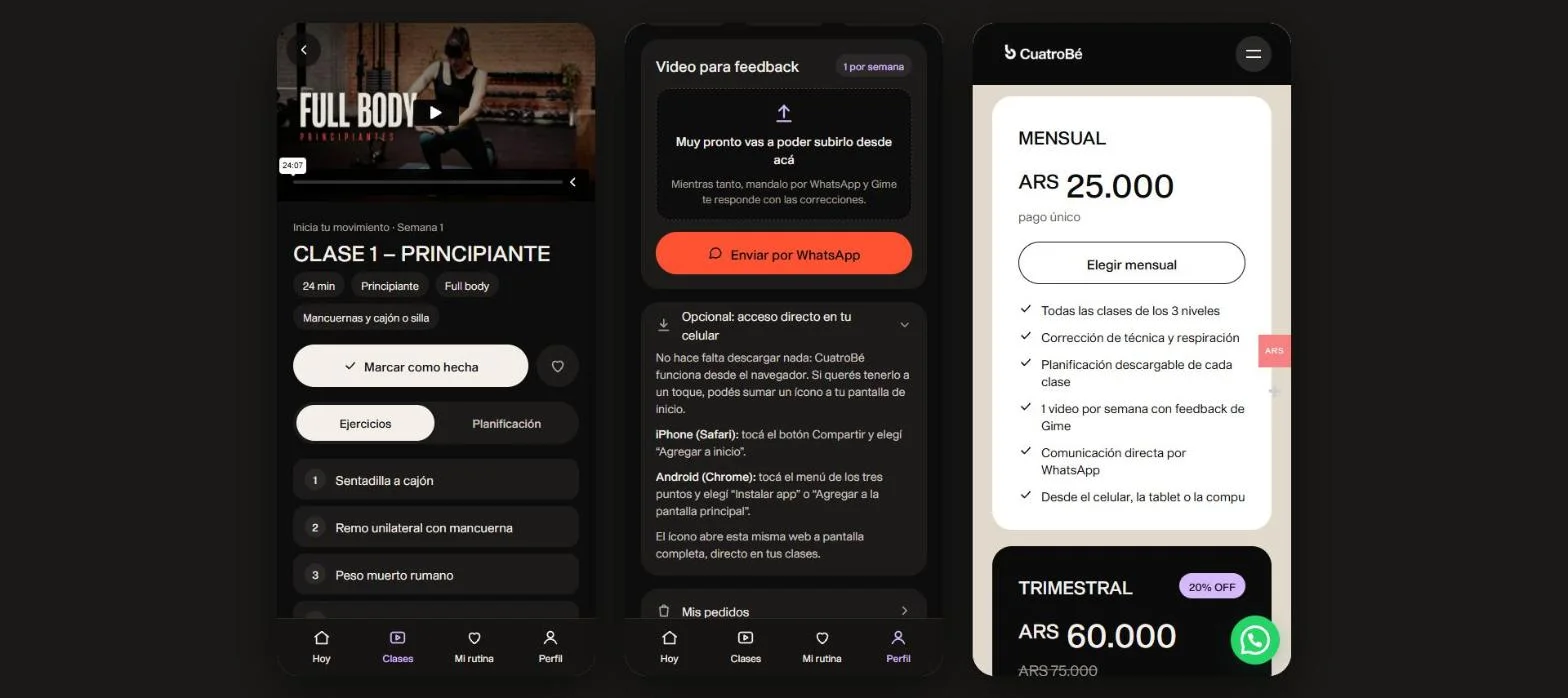 Tres pantallas de CuatroBé en celular: una clase con video, ejercicios y planificación, el perfil con el acceso directo para la pantalla de inicio y los planes
