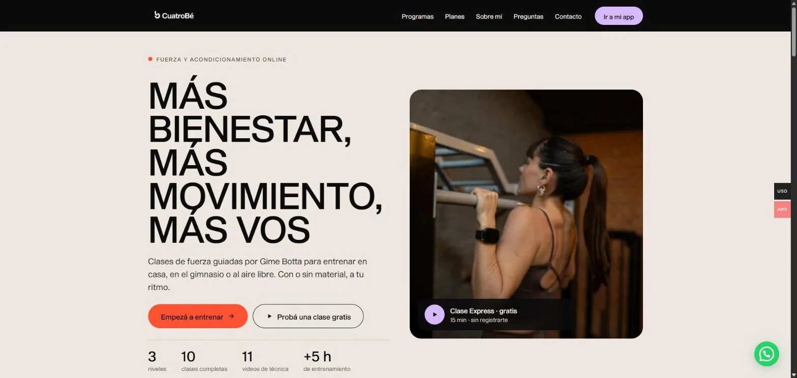 Portada de cuatrobe.com en escritorio: Más bienestar, más movimiento, más vos, con botones para empezar a entrenar y probar una clase gratis