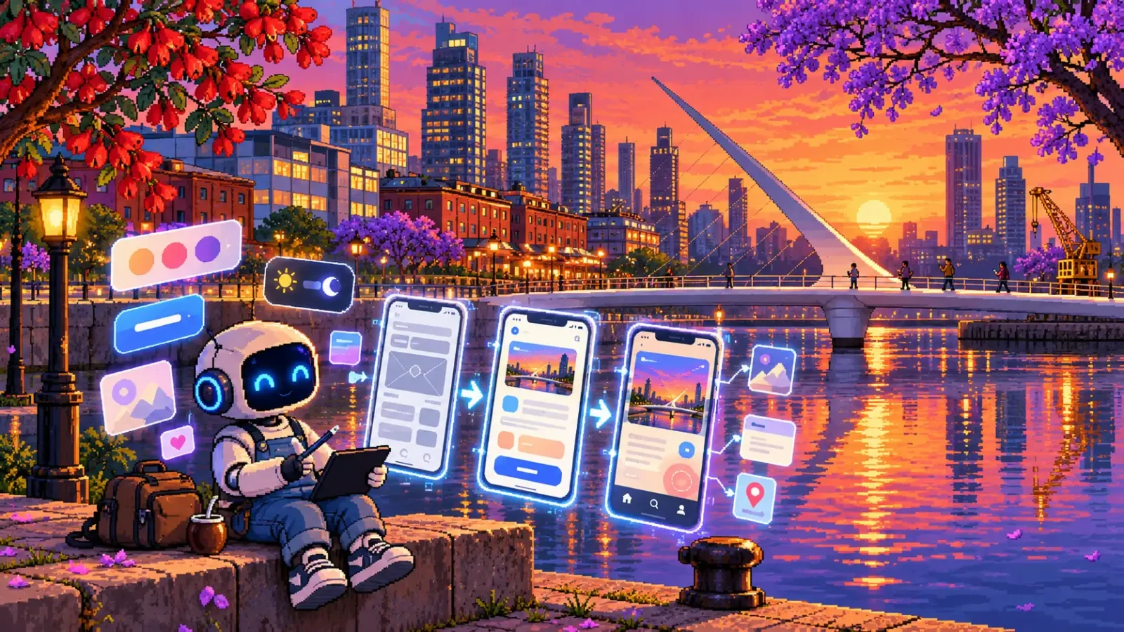Robot de IA en pixel art sentado en un dique de Puerto Madero al atardecer, con el Puente de la Mujer de fondo, diseñando en una tableta las pantallas de una app que pasan de wireframe a mockup y prototipo