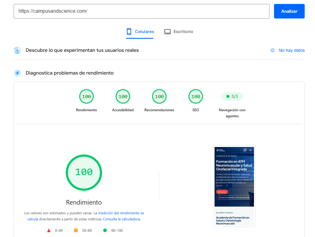 Resultado de PageSpeed Insights en celular para campusandscience.com: 100 en Rendimiento, 100 en Accesibilidad, 100 en Recomendaciones y 100 en SEO