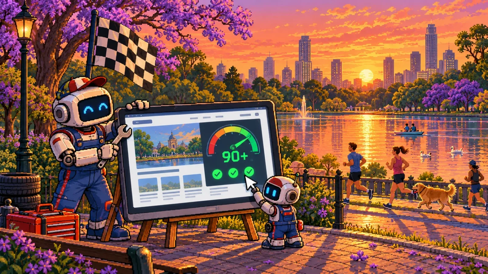 Pixel art de un robot mecánico de IA ajustando una pantalla con un velocímetro en verde que marca 90+, mientras un robot más chico toca un botón, junto al lago de los Bosques de Palermo al atardecer con jacarandás, corredores y un perro.