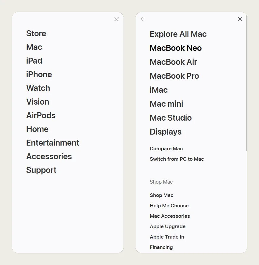 Dos pantallas del menú de Apple en celular: la lista de once categorías en letra grande y el segundo nivel de Mac con una flecha para volver