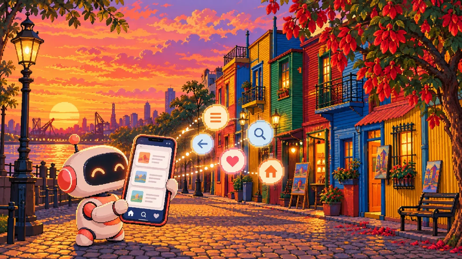 Ilustración en pixel art de un robot de IA en Caminito, La Boca, al atardecer, que sostiene un celular con un menú en tarjetas mientras salen flotando íconos de navegación: menú, volver, búsqueda, favorito e inicio