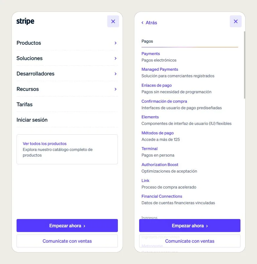 Dos pantallas del menú de Stripe en celular: las seis entradas principales y el submenú de Productos con una línea de explicación por producto, con los botones Empezar ahora y Comunícate con ventas fijos abajo