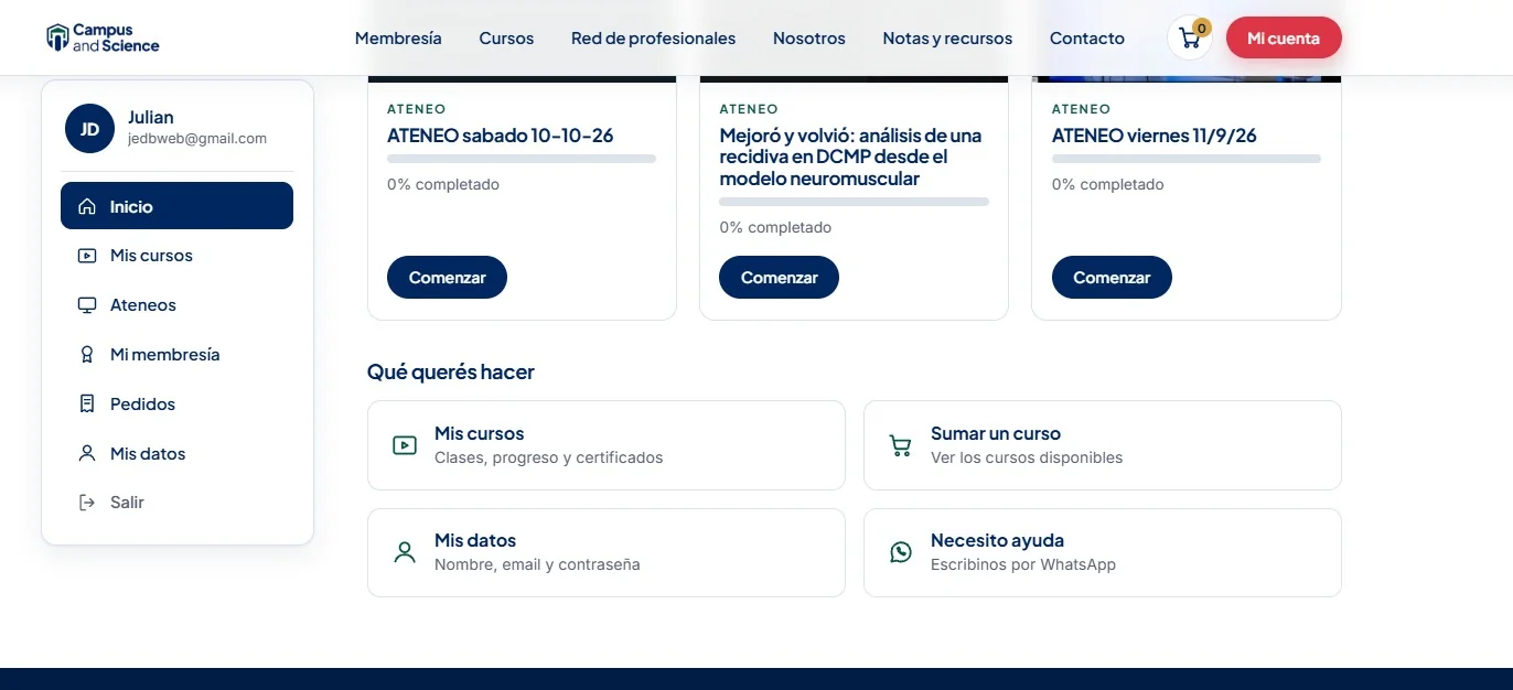 Ateneos disponibles en Mi cuenta de Campus & Science, con barra de progreso y atajos a cursos, datos y ayuda por WhatsApp