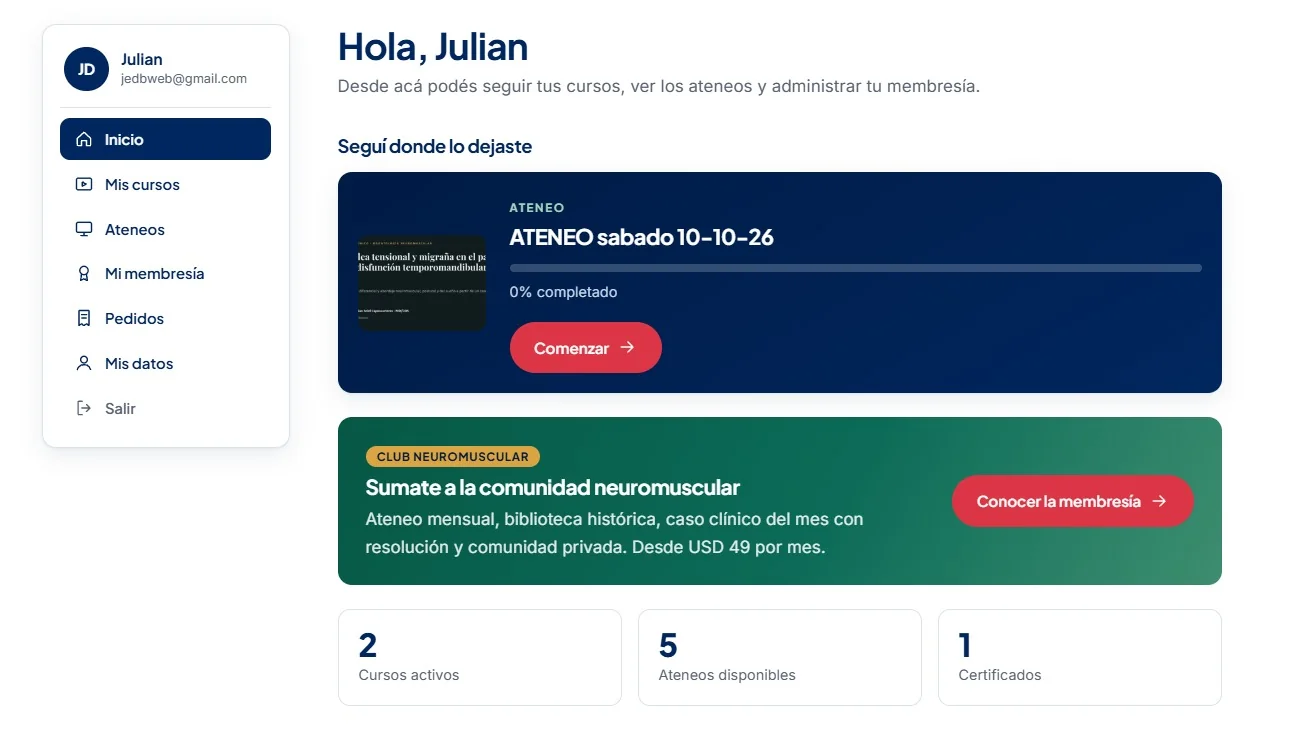 Inicio de Mi cuenta en Campus & Science: menú lateral, bloque para seguir donde el alumno dejó, invitación al Club Neuromuscular y contadores de cursos, ateneos y certificados