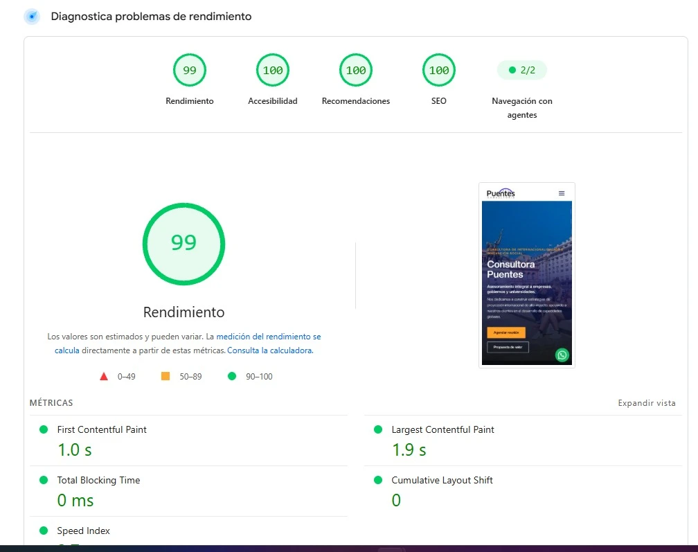 Resultado de PageSpeed Insights en celular para consultorapuentes.com: 99 en rendimiento y 100 en accesibilidad, recomendaciones y SEO