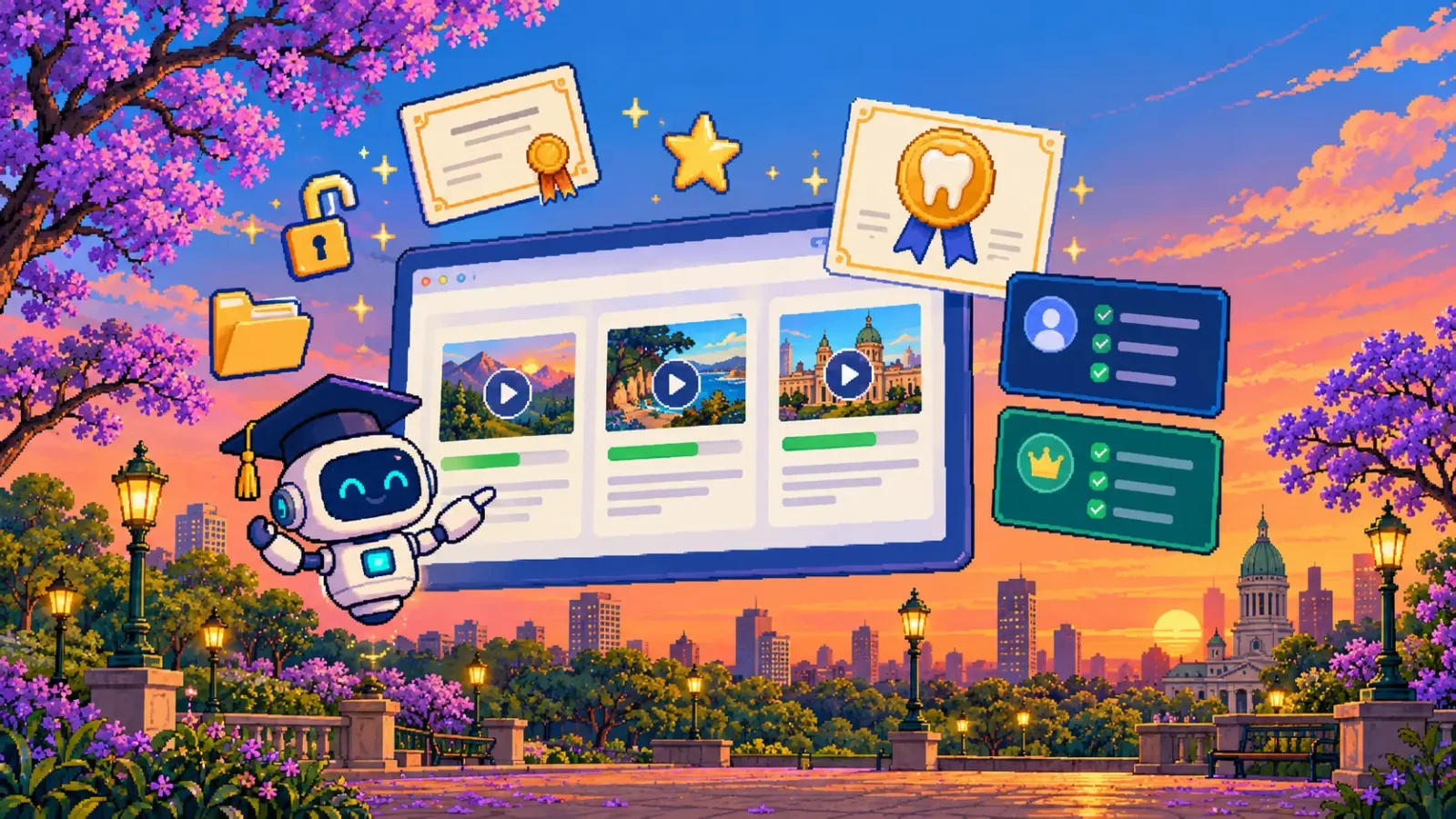Ilustración en pixel art de un robot de IA con birrete frente a una pantalla con una plataforma de cursos online, certificados y tarjetas de membresía, en un parque con jacarandás al atardecer