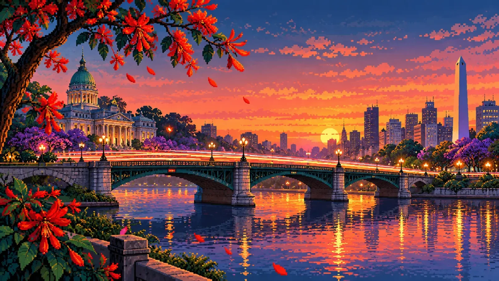 Pixel art al atardecer de un puente sobre un río en Buenos Aires, con el Congreso, el Obelisco y un ceibo en flor en primer plano