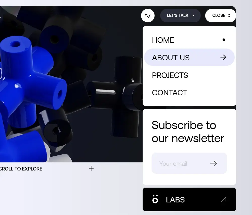 Menú de Lusion armado en tarjetas: Home, About us, Projects y Contact, una tarjeta para suscribirse al newsletter y otra negra que lleva a Labs