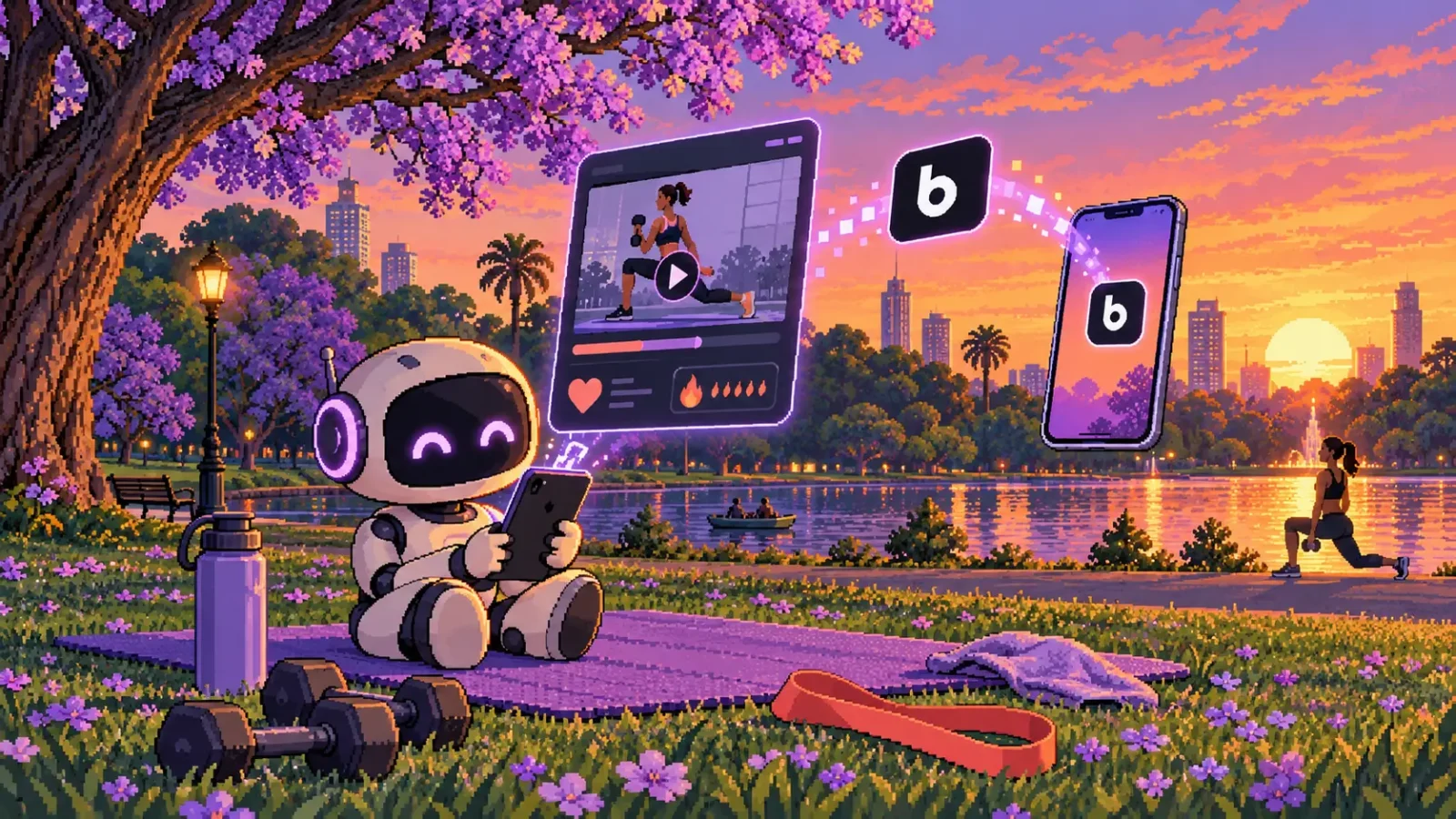 Ilustración en pixel art: un robot de IA sentado en una colchoneta en los Bosques de Palermo al atardecer, bajo un jacarandá, mira en su celular una app de entrenamiento cuyo ícono vuela hasta la pantalla de inicio de otro teléfono