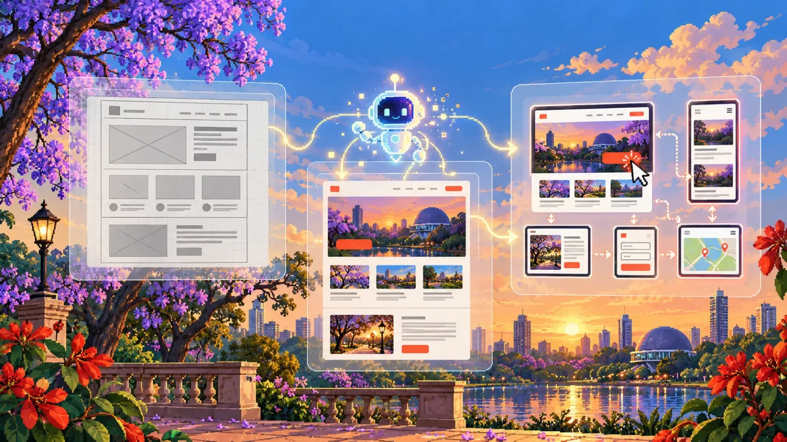 Ilustración en pixel art de un robot de IA que conecta un wireframe, un mockup y un prototipo de una página web, con jacarandás y el Planetario de Buenos Aires al atardecer